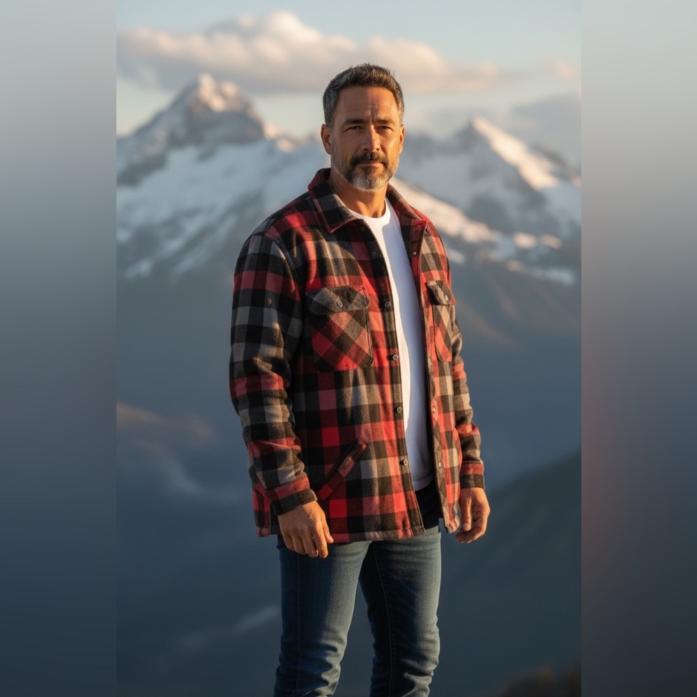 Men's Plaid Heavyweight Flannel Shirt Jacket in Red and Black